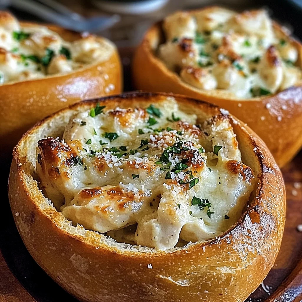 Chicken Alfredo Garlic Bread Bowls