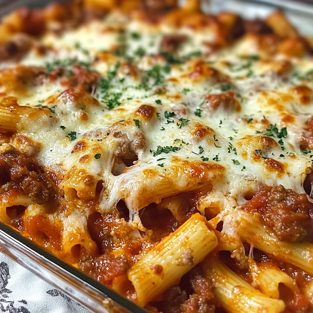 Cheesy Baked Mostaccioli with Sausage